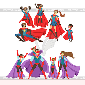 Family of superheroes set. Smiling parents and thei - vector image