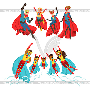 Happy family of superheroes set. Smiling parents an - vector clipart