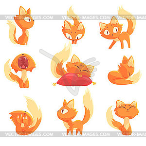 Cute cartoon red kitten character in different - vector clipart