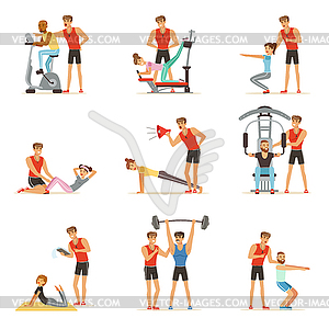 Personal gym coach trainer or instructor set, peopl - vector image