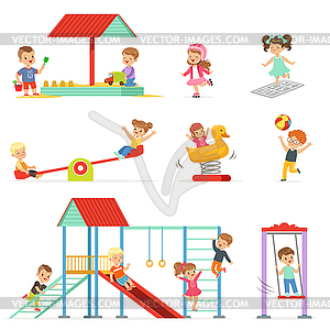 Cute cartoon little kids playing and having fun at - vector clipart