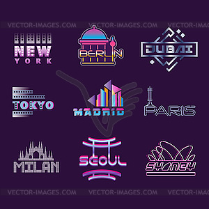 World cities labels set, logo graphic templates s - vector clip art