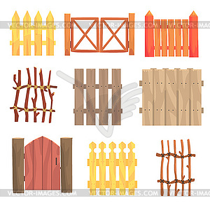 Различные садовые деревянные заборы и ворота установлены, - векторный эскиз