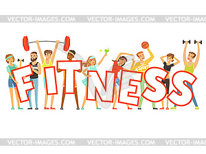 Group of smiling people in sport uniform holding - vector image