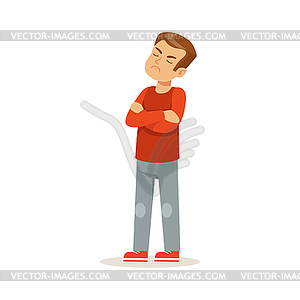 Оскорбленный характер мальчика со сложенными руками - векторный клипарт / векторное изображение