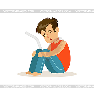Frustrated sad boy character sitting on floor - vector clip art