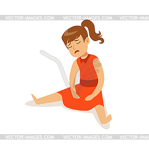 Frustrated sad girl character on red dress sitting - royalty-free vector image