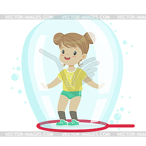 Cute little girl standing inside soap bubble - vector clipart