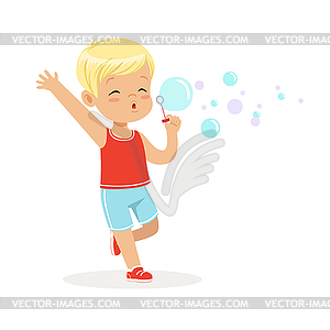 Cute little blonde boy blowing bubbles - vector image