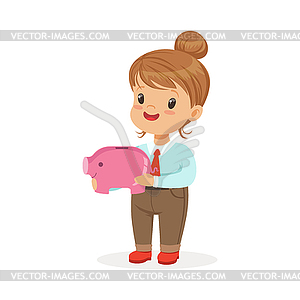 Cute happy little girl businesswoman holding piggy - vector clip art