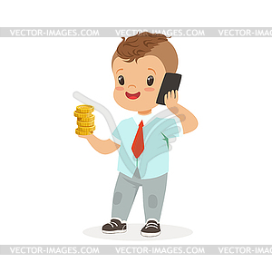 Cute boy businessman talking on smartphone and - vector image