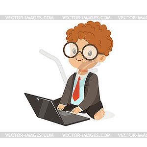 Cute little boy businessman working on his laptop, - vector clip art