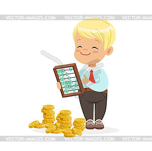 Happy lirrle boy businessman counting his money, - vector image