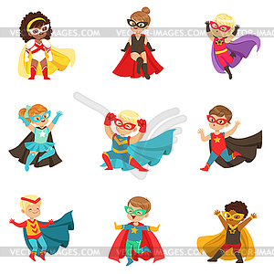 Superhero girls and boys set, kids in superhero - vector clipart