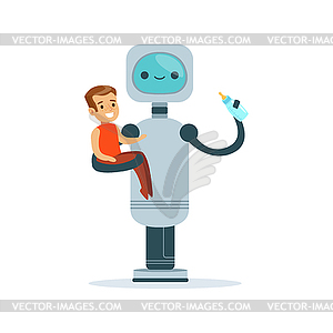 Housemaid baby sitter robot with child - vector clip art