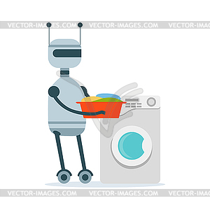 Housemaid android character washing clothes in - royalty-free vector image