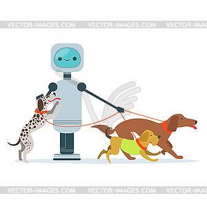 Housemaid android character walking dogs - vector image