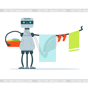 Housemaid android character hanging out laundry - vector image