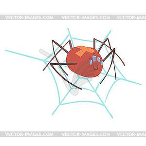 Cute cartoon spider character in web - vector image