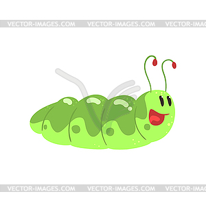 Cute cartoon funny green caterpillar character - vector image