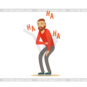 Happy bearded man laughing out loud and holding - vector EPS clipart