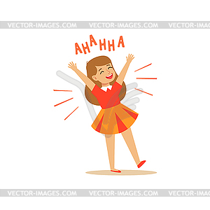 Счастливая девушка в платье смеется громко красочные - стоковый векторный клипарт