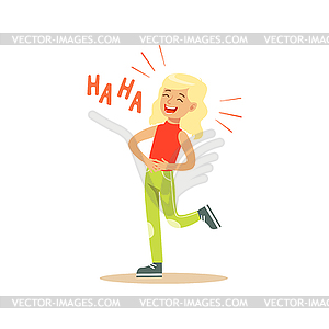 Blonde girl laughing out loud and holding her - vector clip art