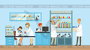 Scientists conducting research in lab, interior of - vector image