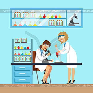 Chemists females testing chemical elements, interio - vector EPS clipart