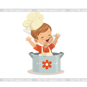 Cute little boy chef sitting in pot - vector image