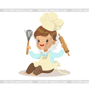Cute little boy chef with whisk and rolling p - vector clip art