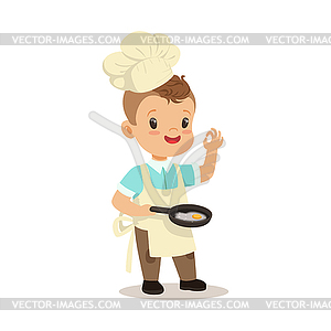 Cute little boy chef frying egg in flying pan - vector image