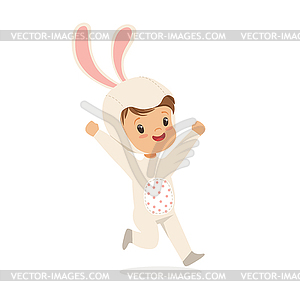 Cute happy boy dressed as white bunny, kids carniva - vector clip art