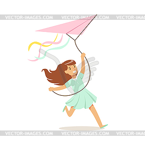 Smiling boy enjoying flying kite, kids outdoor - vector image