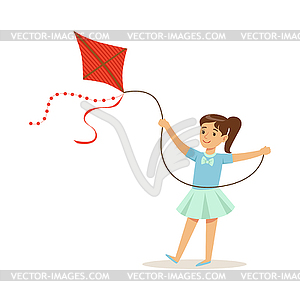 Beautiful girl playing with kite, kids outdoor - vector clipart