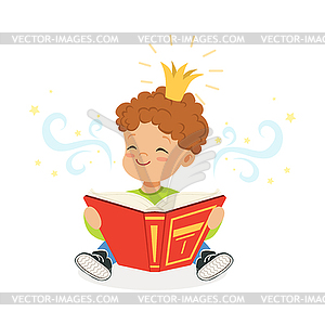 Sweet little boy reading book and dreaming about - vector EPS clipart