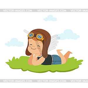 Sweet little boy in pilots helmet lying on his - vector image