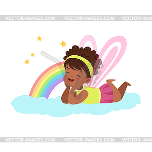 Cute little girl with wings lying on her stomach - vector image