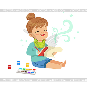 Cute little girl drawing with paints in her - vector image