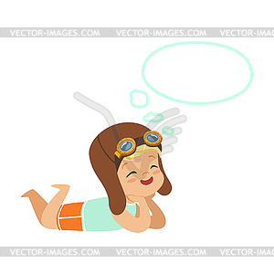 Adorable little boy in pilots helmet lying on his - vector image