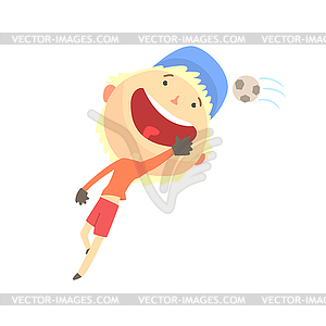 Cool smiling cartoon boy playing football, kids - stock vector clipart