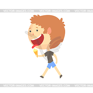 Funny smiling cartoon boy eating ice cream, colorfu - vector clip art