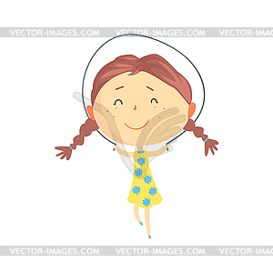 Happy little girl jumping rope, kids outdoor - vector image