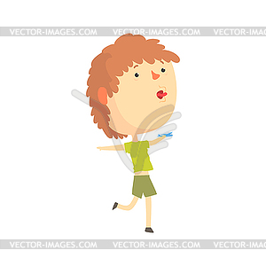 Cartoon boy playing with paper airplane, kids - vector image