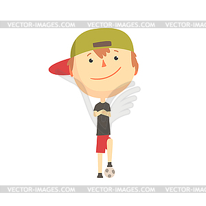 Cool smiling cartoon boy playing with ball, kids - vector clip art