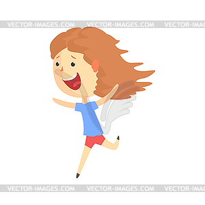 Happy smiling cartoon girl running, kids outdoor - vector clipart