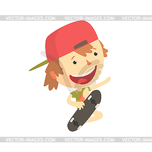 Cool smiling cartoon skateboarder boy, kids - vector image