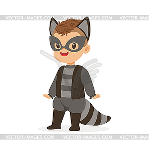 Cute happy boy dressed as raccoon, kids carnival - vector clipart