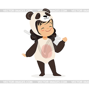 Cute happy little girl dressed as panda, kids - vector image