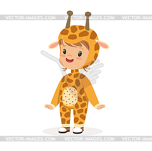 Cute happy boy dressed as giraffe, kids carnival - vector clipart